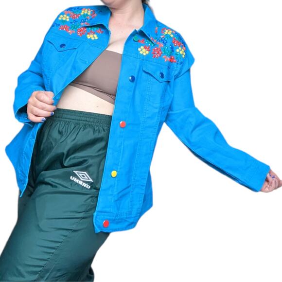 Vintage Y2K Bright Rainbow Embellished Denim Jacket Large Pride Month Kidcore - Picture 1 of 5